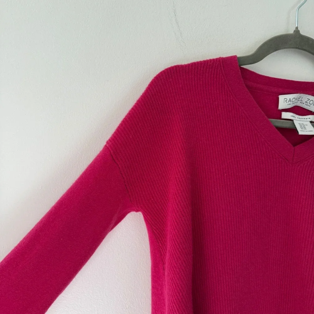 Rachel Zoe Magenta‎ Pink 100% Cashmere Ribbed Asymmetrical V-Neck Sweater XS - Picture 3 of 10